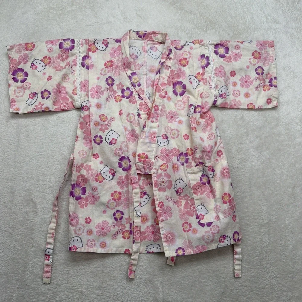 Hello Kitty Kimono Robe Girls 4T Pink Floral Yukata Tie Front‎ Sanrio